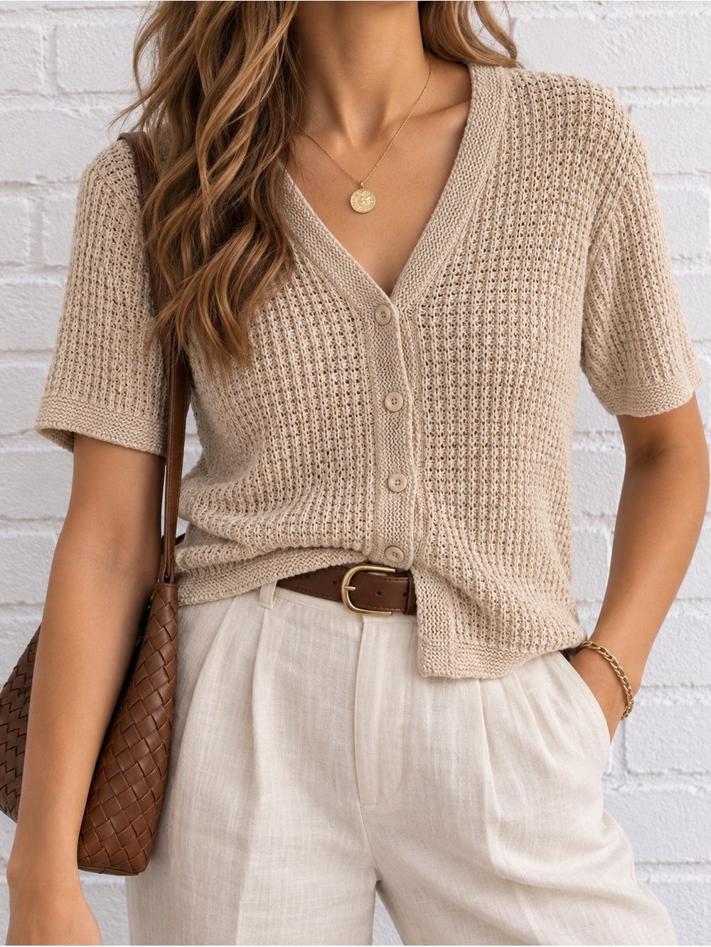 Liz Claiborne Liz & Co Linen Cotton Open Knit Cardigan Top Small Beige Y2K